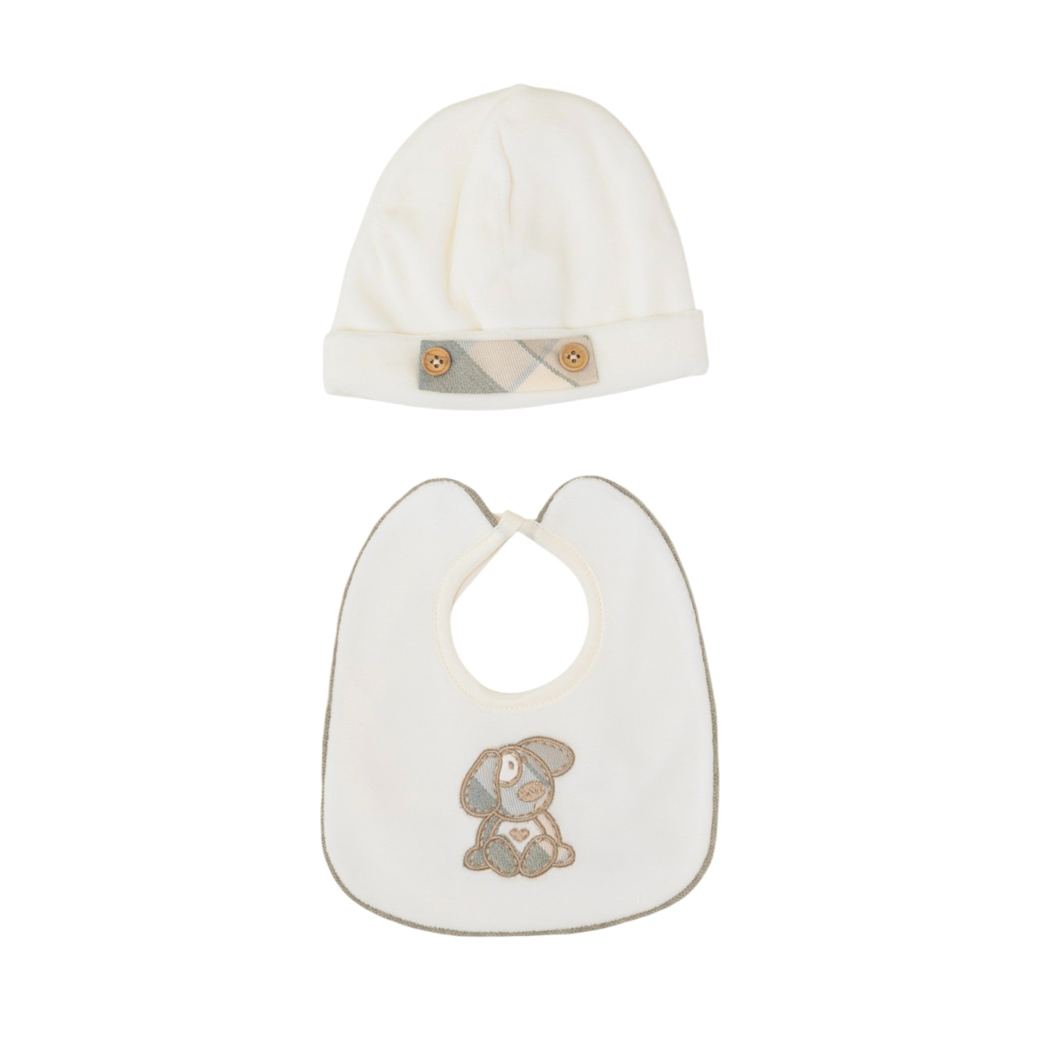 Set Cuffia Bavetta Neonato Ciniglia Bianco SARTORIA DEI PICCOLI (cod. LR1112) corredino e abbigliamento neonato | NANU' BABY